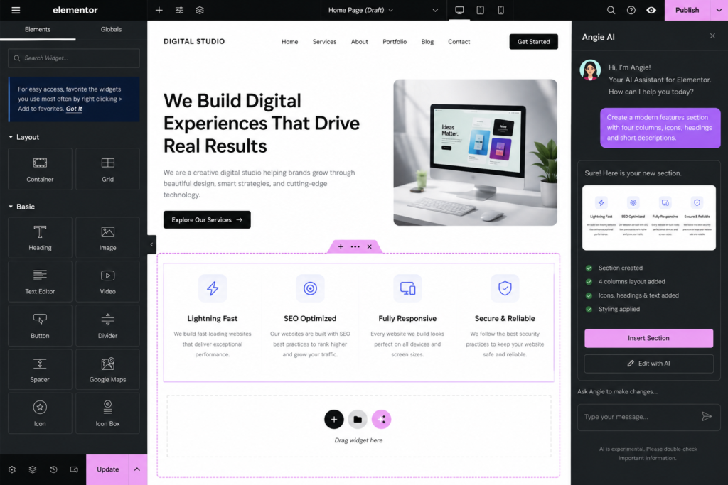 Angie by Elementor AI builder generating real-time responsive sections inside a WordPress interface.