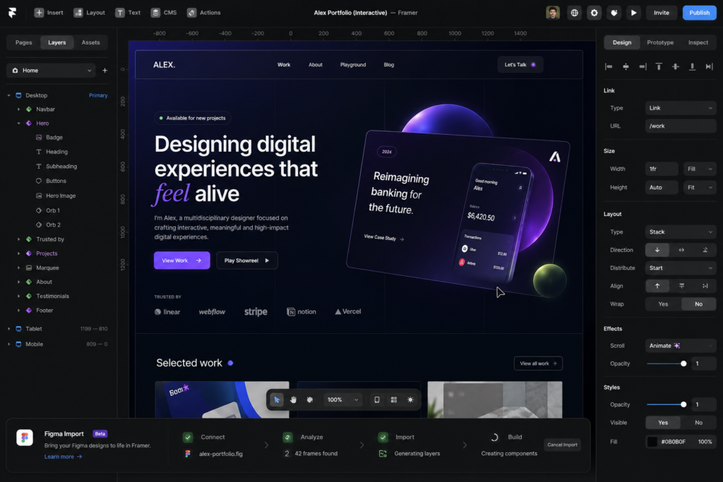 Framer AI visual sandbox canvas generating clean layout animations from a text prompt.