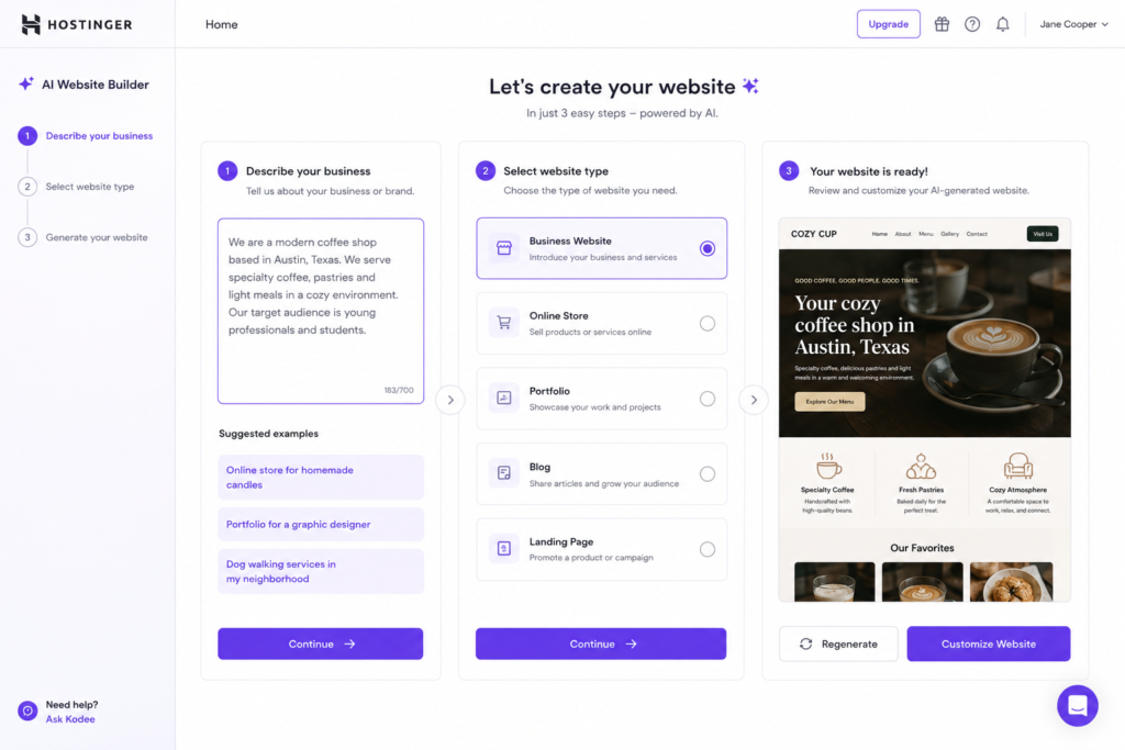 Hostinger AI website builder dashboard showing built-in heatmaps and copywriting assistants.