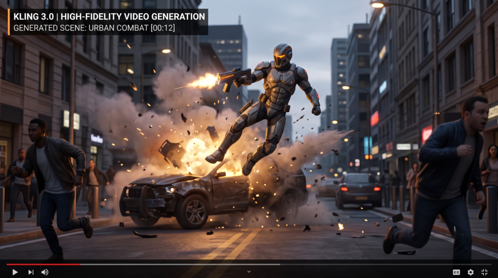 High-action scene generated by Kling 3.0 Omni demonstrating realistic physics and consistent character movement.