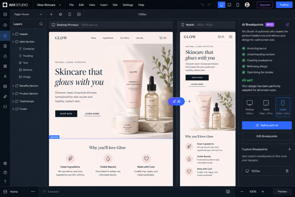 Wix Studio interface showing responsive AI breakpoint generation and conversational website setup.