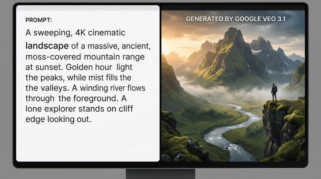 Google Flow user interface showing text to video generation using the Veo 3.1 engine.