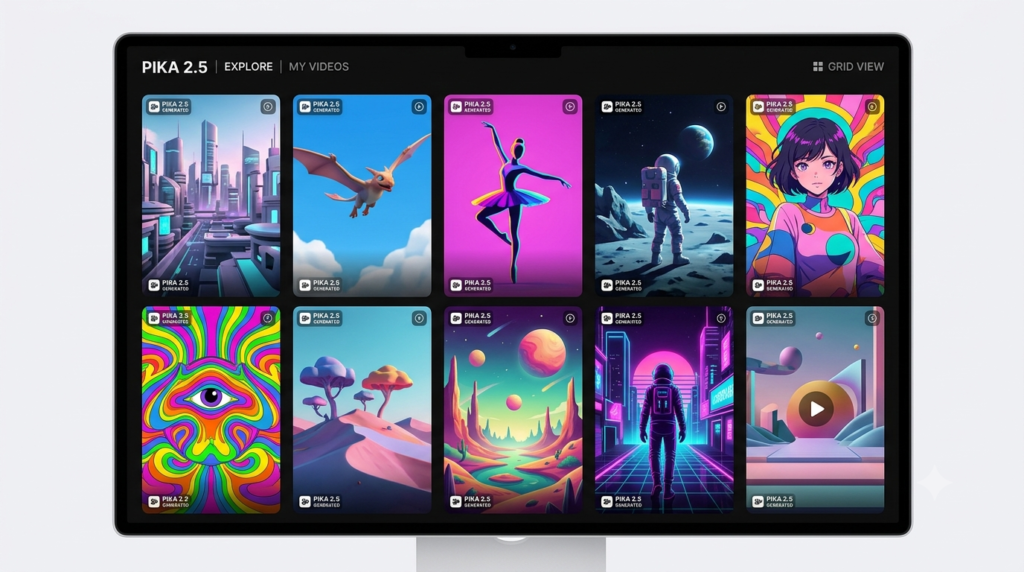 Pika 2.5 platform showing specialized editing features like Pikaffects and creative visual filters.