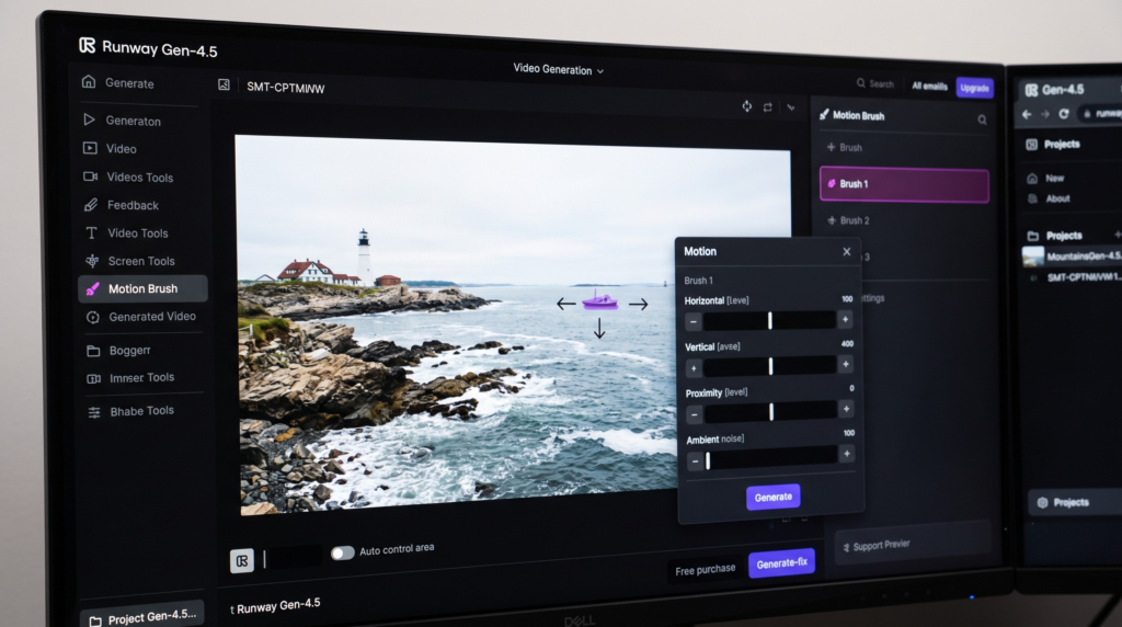 Runway Gen-4.5 studio dashboard highlighting advanced camera controls and the motion brush feature.